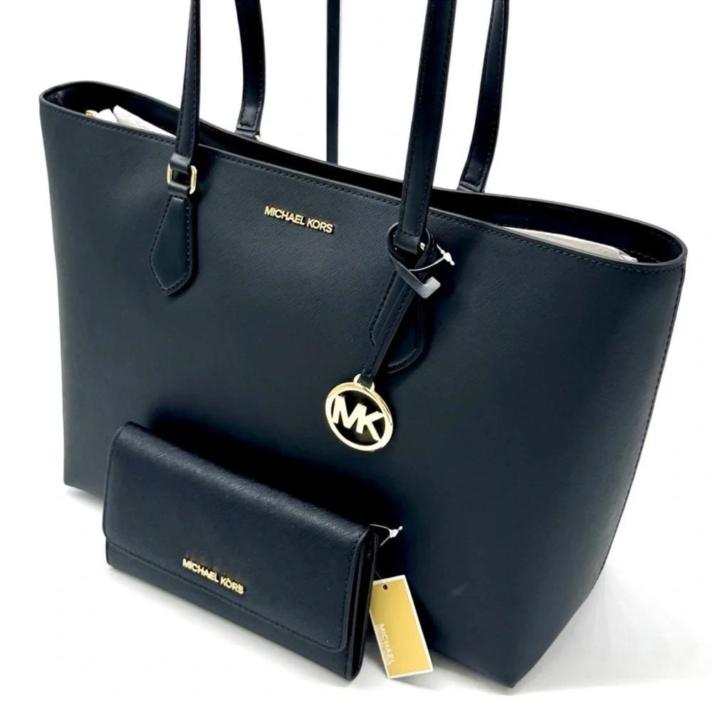 Michael Kors Sheila Large Logo Tote Bag & Matching Trifold Wallet Black/Gold